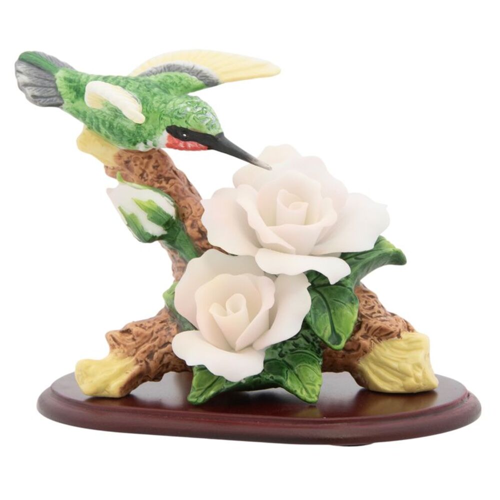 Porcelain Hummingbird and White Roses Figurine with Wooden Pedestal